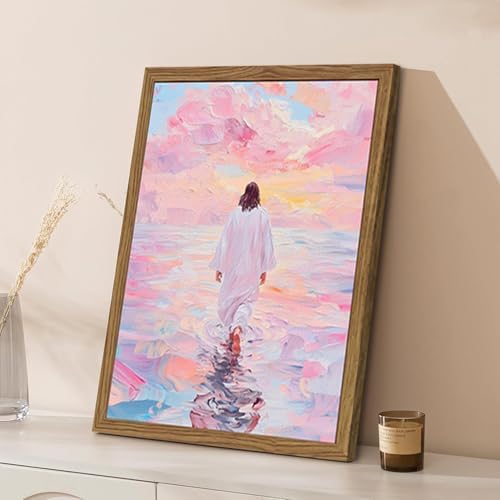 Pink Jesus Walking On Water Wall Art, Frame 3D Textured Hand Drawn Sandstone Christian Wall Decor Paintings Religious Savior Pictures for Living Prayer Room Bedroom, 12x16 in Wood Framed