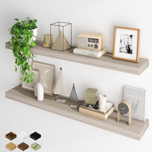 Fun Memories Floating Shelves for Wall, 48Inch Long Floating Shelves Set of 2, Hanging Shelf with Invisible Brackets, Wood Shelves for Living Room, Bedroom, Kitchen, Grey