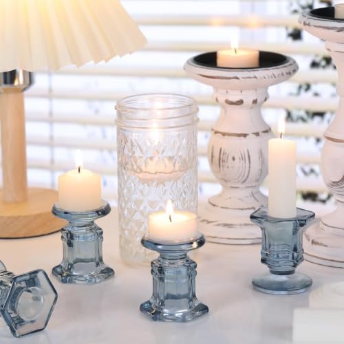 Lanttu 12 Pcs Blue Candlestick Holders Bulk, Glass Candle Holders Set