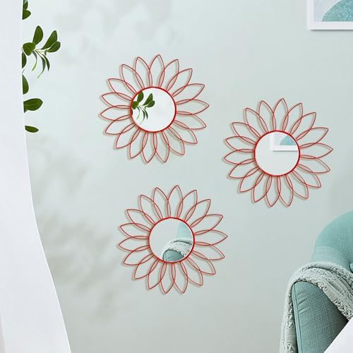 3 Pack Metal Mirrors for Wall Sunburst Wall Mirrors Home Décor Decorative Hanging Wall Art for Living Room Bedroom Entryway (Red, Flowers)