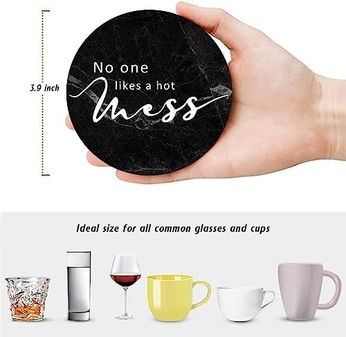 Coasters for Drinks, Set of 6, Ceramic Stone Black Marble