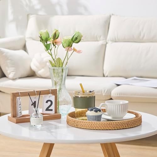 Round Rattan Tray with Mother of Pearl Inlay, Rattan Serving Tray with Wooden Base, Decorative Wicker Basket for Table Decor, Storage and Display of Coffee Bread Food Fruit (Checkerboard 13.5")