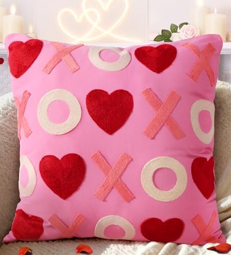 Valentines Pillow Cover 18x18 Inch - Embroidered Valentines Day Red Hearts Hugs and Kisses XO Design Throw Pillow Cover Decorations Soft Cushion Case Home Decor for Couch, Sofa, or Bed(1 Pack)