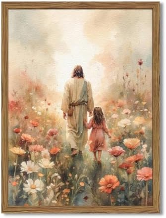 Jesus and the Girl Wall Art, Religious Jesus Painting Wall Decor Christ our Savior 3D Textured Hand Drawn Sandstone Christian Artwork for Living Prayer Room Bedroom 12x16 inch Wood Framed