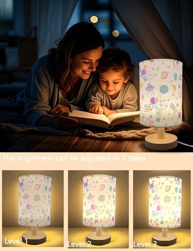Astronaut Kids Table Lamp, Astronauts Room Decor for Boys,3 Level Dimmable Wood Nightstand Desk Base Flaxen Fabric Shade for Bedroom Living Room,Astronauts Gifts for Boys