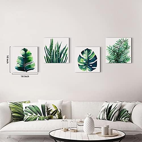 YOOOAHU Green Leaf Wall Art Room Decor Bathroom Bedroom Home Decoration Watercolor Painting Pictures Framed Canvas Prints Boho Tropical Plant Leaves Monstera Botanical White Set of 4 Pcs 20 × 20 Inch