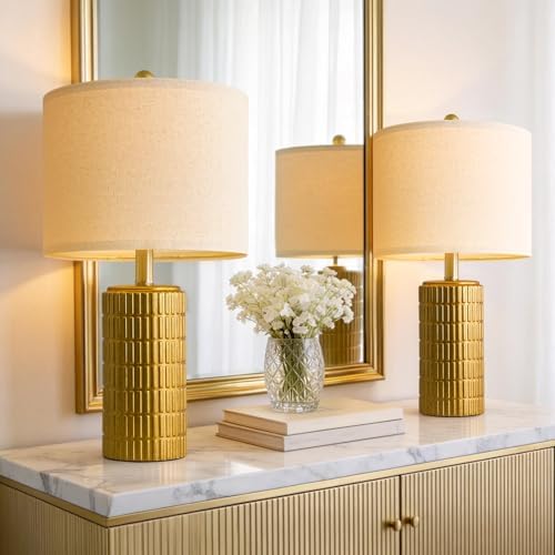 PoKat 20.75" Brass Gold Ceramic Table Lamps Set of 2 for Living Room, Small Retro Bedside Lamps for Bedroom, Nightstand Lamps for Home Decor, Vintage Bronze Decorative Lamp Sideboard Side Table Gifts