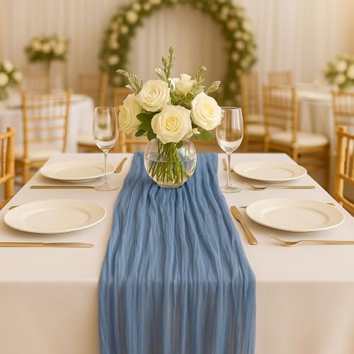 12 Pack Dusty Blue Cheesecloth Table Runner – 10FT Gauze Boho Table Runners for Wedding, Baby Shower, French Blue Bridal Party, Rustic Vintage Event Decor
