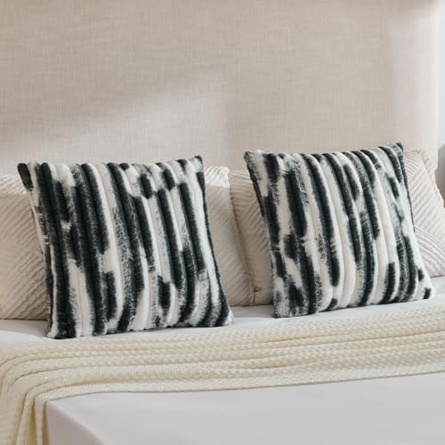 FUTEI Pack of 2 Faux Fur Throw Pillow Covers 22x22 Inch, Black White