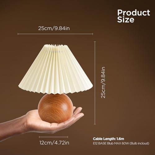 KUNJOULAM Cute Small Pleated Lamp, Modern Bedside Nightstand Light with Beige Lampshade, Wooden Pattern Metal Base Desk Lamp for Bedroom, Home Office, Living Room