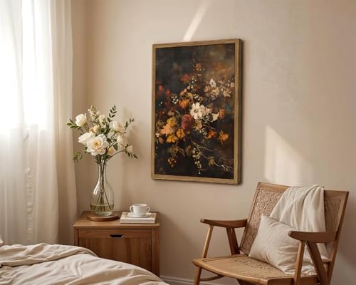 Framed Vintage Floral Wall Art，Gothic Moody Dark Flower Art Prints Painting，Victorian Canvas Fall Otanical Pictures Decor for Living Room Bedroom Diningroom 12x16 inch