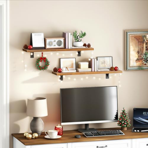 HOOBRO Floating Shelves for Wall, 23.6" Wall Mounted Shelves Set of 2, Hanging Storage Shelf with Metal Brackets, Wooden Shelf for Living Room, Bedroom, Bathroom, Rustic Brown and Black BF62BJP201G1