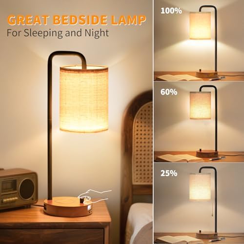 Table Lamps Set of 2 with USB Ports and Wooden Base, Bedside Nightstand Lamps with Warm White Bulbs, Fabric Shade for Bedroom, Living Room, Office, Boho
