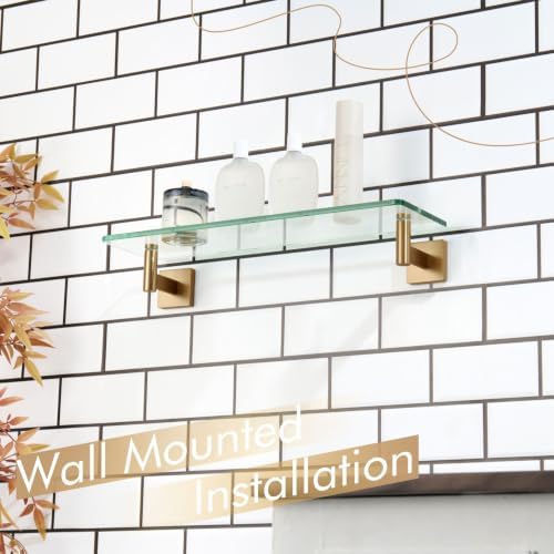 KOKOSIRI Wall Shelves Bathroom Hardware Tempered Glass Floating Shelf Hanging Rack Storage/Room Decor 20-Inch Champagne Bronze 2 Pack B1105CPG-L20-P2
