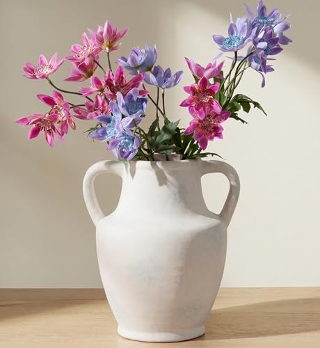 Ceramic Flower Vase with Handles, 8.66 inch Tall Ceramic Vase Farmhouse Rustic Vases Decorative Pottery Vases for Home Decor Living Room Bookshelf Table Centerpiece Desk Bathroom Fireplace, White