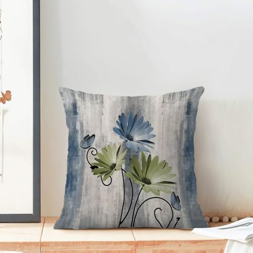 Sage Green Blue Floral Pillow Covers 18 x 18 Inch Set of 2 Daisy Floral Butterfly Decorative Throw Pillow Covers Linen Rustic Farmhouse Cushion Cases for Home Sofa Couch Living Room Decor