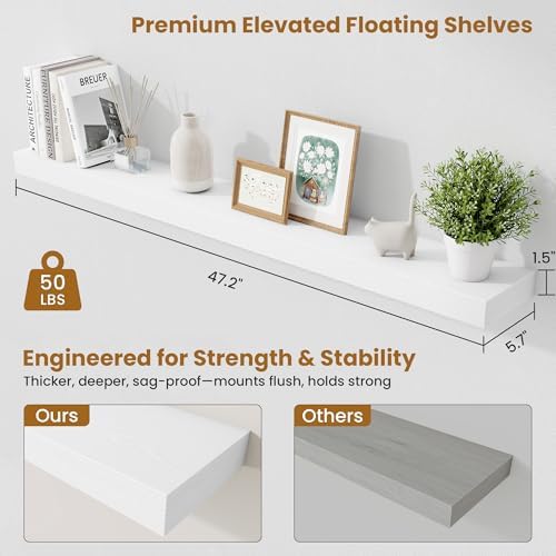 Fun Memories Floating Shelves 48 Inch, Extra Large Wood Shelf Set of 2, Hanging Wall Shelves for Bathroom, Living Room, Kitchen, Bedroom, White