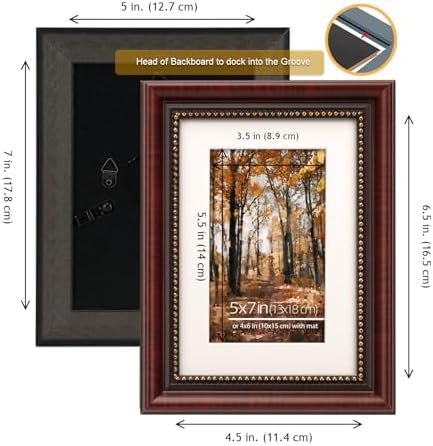 Ornate Cherry Wooden Vintage Picture Frames, 5x7 inches, Beaded Inner Border, Wall Mount/Table Top, Mat for 4x6 Photos, Set of 2