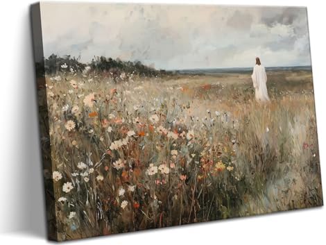 KYHDCJUB Jesus Leaves the 99 Sheep Wall Art Jesus Wall Art Christian Canvas Painting Religious Faith Picture Prints Christian Wildflowers Artwork for Living Room Bedroom Church 16x24 Inch