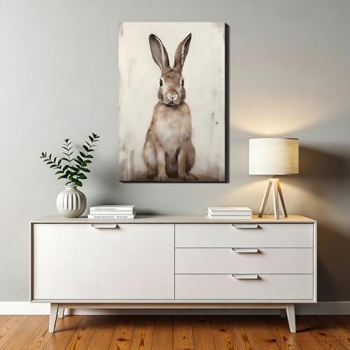 Vintage Rabbits Portrait Canvas Wall Art, Brown Easter Canvas Art for Living Room, Fireplace Wall Decor, Framed Spring Bunny Poster Prints for Bedroom Bathroom Holiday Decoration