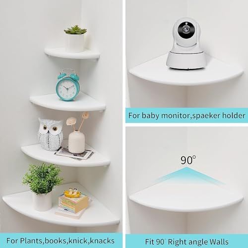 Corner Wall Shelves, White Floating Corner Shelf, Set of 2 16inch Solid Oak Wood Shelves, Round End Wall Mount Display Shelf with Wire Hole for Small Plant for Bedroom Kitchen, Living Room
