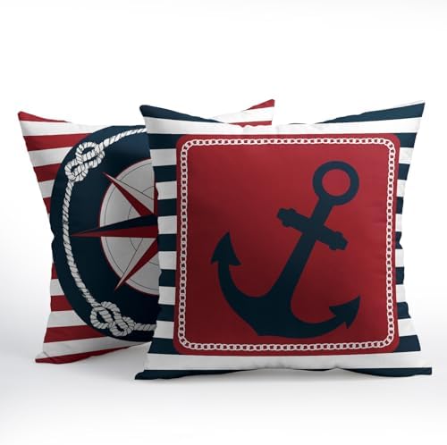 Anchor Compass Throw Pillow Cases Outdoor Nautical Pillow Covers Blue and White Stripes Decorative Cushion Cover 18x18 Inch Red and White Cotton Linen Pillowcases for Beach Coast Home Bedroom