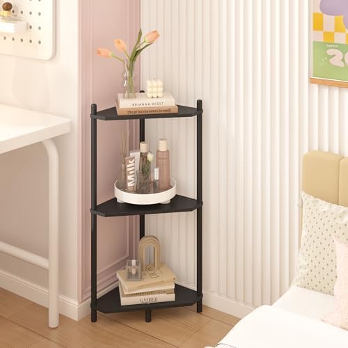 Wisuce Black Small Corner Shelf Stand, 3-Tier Bamboo Corner Bookshelf