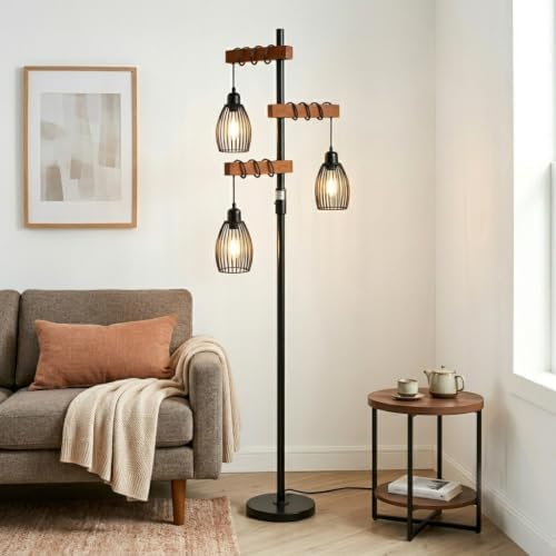 Industrial Floor Lamps for Living Room, Stable Standing Lamp with Metal Cage Shade, Wood Floor Lamp for Bedroom Reading Office, Dimmable Tall Lamp Rustic Home Decor Corner Lamp