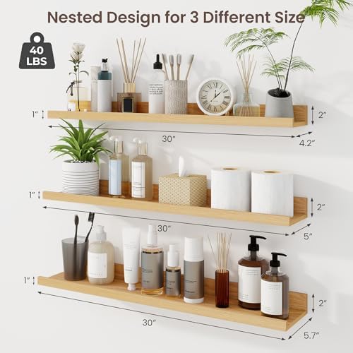 Axeman 30 Inch Floating Shelves, Oak Picture Ledge Shelf Set of 3