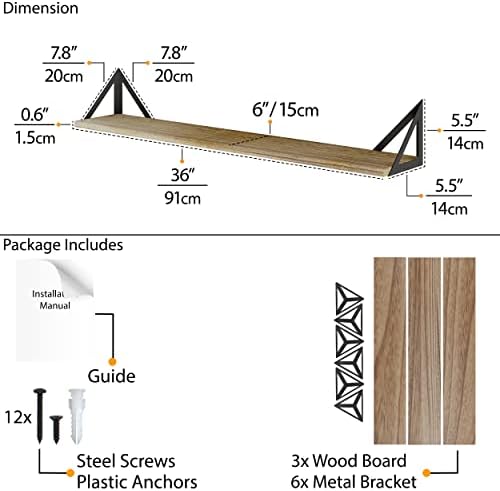 Wallniture Minori Wall Bookshelves for Living Room Decor, 36" Floating Shelves for Bathroom, Kitchen, Bedroom, Floating Bookshelf Wall Storage, Set of 3 Natural Burned