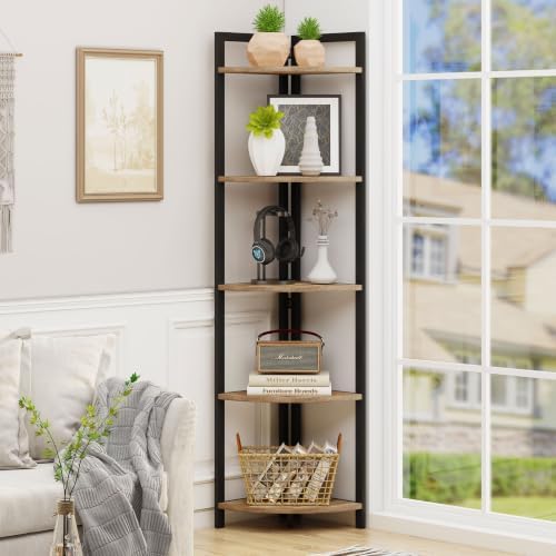 FATORRI Tall Corner Shelf, Industrial Corner Bookshelf, Wood and Metal Corner Shelf Stand for Living Room, Rustic Display Plant Stand for Home Office (Rustic Oak)