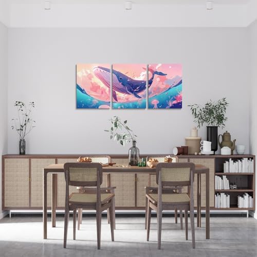 Feelyou Pretty Whale 3 Piece Canvas Wall Art for Living Room Bedroom Jellyfish Wall Art for Home Decor Ocean Animal Office Wall Decor Dreamy Pink Sky Wall Painting