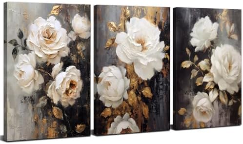 Abstract Wall Art Peony Flowers Wall Decor Farmhouse White Floral Canvas Prints Picture Vintage Botanical Painting Rustic Wildflower Poster Artwork for Bedroom Living Room Home Decoration 16x24” 3Pcs