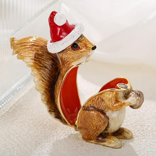 Hand Painted Christmas Trinket Box for Home Decor Accents, Enamel Hinged Jewelry Box for Bookshelf Office Table Desk Decor, Classical Figurine Collectible Keepsake Sculptures (Brown Squirrel)