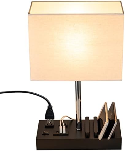 Briever USB Table Lamp, Multi-Functional Desk Lamp with 2 AC Outlets, Bedside Lamp with 3 USB Charging Ports and Wooden Phone Stands, Nightstand Lamp for Bedroom, Livingroom, Office, Linen Shade