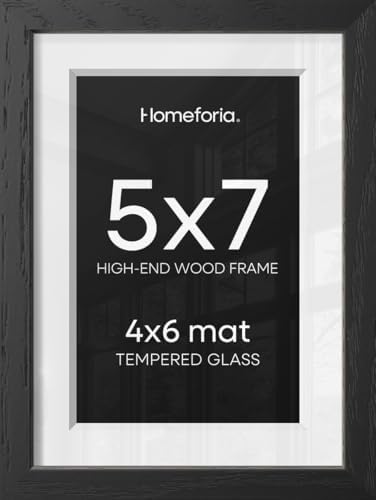 Homeforia 5x7 Black Oak Picture Frame, High-End Wood, 4x6 Mat, Glass