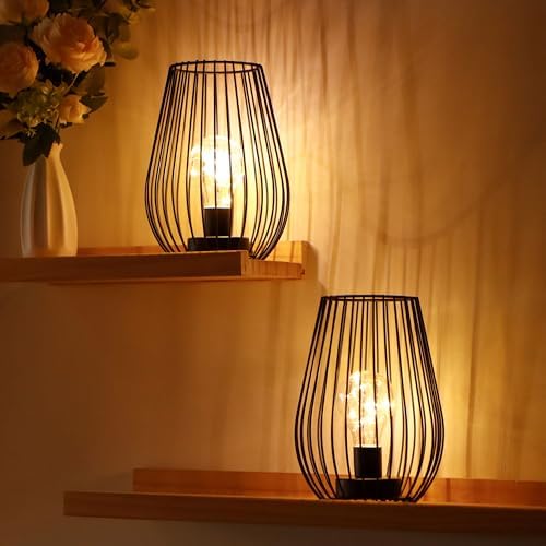 TRIROCKS Metal Cordless Table Lamp - 8'' Tall Set of 2 Cage Shape Battery Operated Lamp with Fairy Lights Bulb for Indoor/Outdoor Use Perfect for Christmas Garden and Weddings (Black,Set of 2)