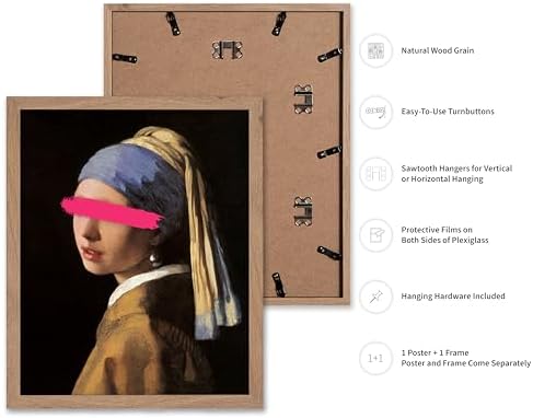 Poster Master Girl with a Pearl Earring Painting Print - Baroque Portrait Poster - Altered & Pop Art - Gift for Men & Women - Decor for Bedroom, Living Room or Office - 8x10 Beige Framed