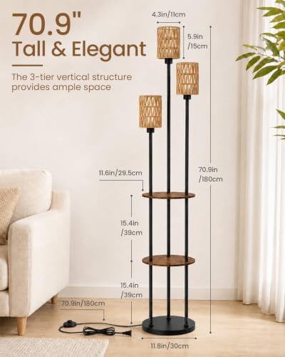 KIZON 71" Floor Lamp with Shelves and Rattan Shades, 3-Tier Standing Light