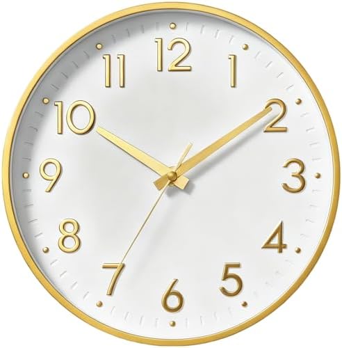 Mosewa Small 8 Inch Wall Clock Battery Operated Silent Non Ticking Analog | White Gold modern clock; oversized 3D easy-read dial for kitchen, bedroom & office; 1 AA battery (not included)