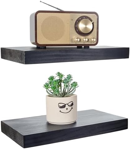 BGMG Wood Floating Shelves 12 inch,Black Floating Shelves,Solid Wood Wall Shelves for Bathroom Living Room Bedroom Kitchen Farmhouse Set of 2-12x 6.7 x1.25 inch