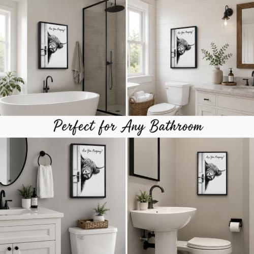 Framed Funny Bathroom Wall Art, Highland Cow Are You Pooping Canvas Print, Black and White Humor Bathroom Animal Decor for Restroom Toilet 12x16in