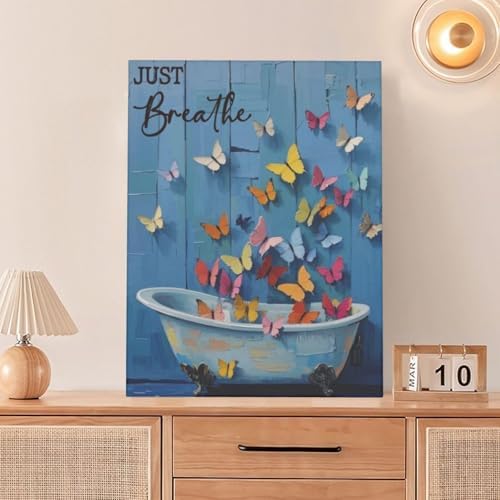 Butterfly Bathroom Wall Art Farmhouse Bathroom Decor Rustic Country Butterfly Canvas Painting Prints Just Breathe Pictures Artwork Decoration Framed for Toilet Restroom Gifts for Women Girl 16"x20"