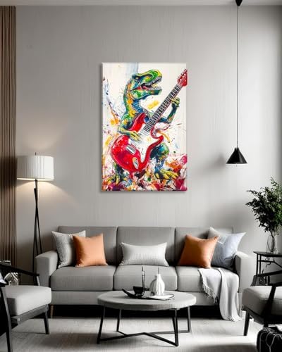 Dinosaur Canvas Wall Art Graffiti Wall Decor Framed Funny Dinosaur Play the Guitar Picture Modern Pop Painting Prints for Living Room Bedroom Home Office Ready to Hang - 16.00"x24.00"