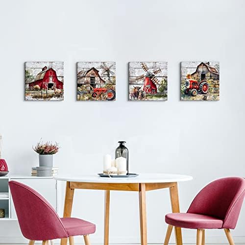 Country Wall Art Farmhouse Barn Pictures Wall Decor Rustic Windmill Rusty Truck Canvas Prints Posters Watercolor Cattle Horses Painting Farm Artwork for Bathroom Living Room Decorations 18x18”4Pcs