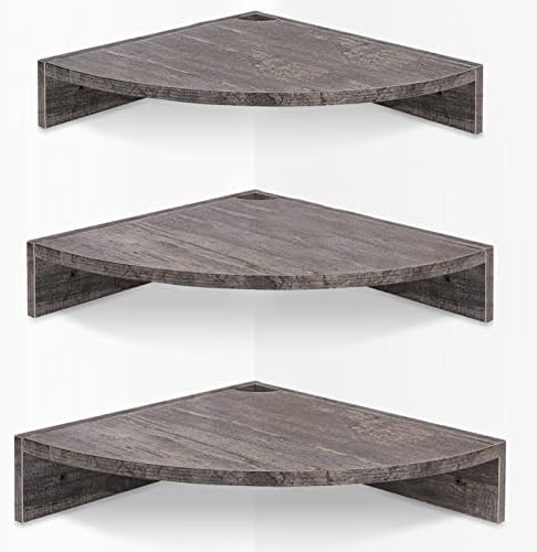 Homode Corner Floating Shelves, Set of 3 Corner Wall Shelves for Storage and Display, 3 Tier Wood Hanging Shelf Organizer for Cable Box, for Bedroom, Bathroom, Kitchen, Rustic Grey