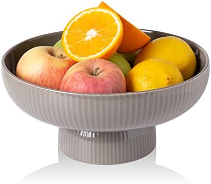 Ceramic Fruit Bowl for Kitchen Counter, Large Fruit Basket with Hole, Grey