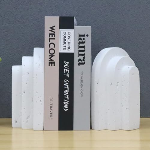Decorative Book Ends for Shelves - Boho Aesthetic Bookends Decor - Heavy Duty Travertine Book Stopper Holder for Home Office Desk Coffee Table, Gifts for Book Lovers (White)