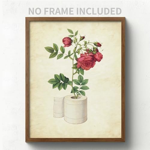 SWITHOM Funny Bathroom Wall Art, Vintage Botanical Red Rose Flower Art Print, 8x10 Inch Unframed Toilet Paper Poster, Shimmer Paper School Art for Restroom Guest Room Decor, Humor Housewarming Gift for Women & Friends