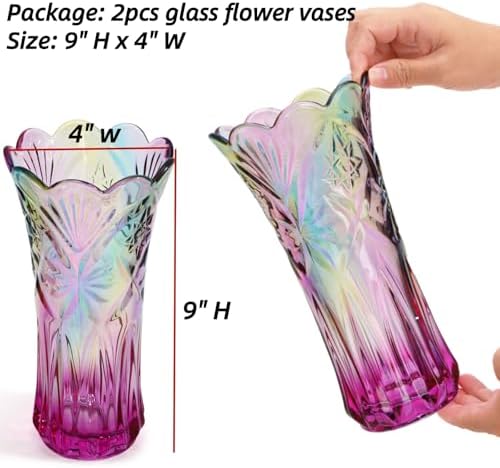 Dicunoy Set of 2 Glass Colorful Flower Vase, 9" Large Colored Crystal Flower Vase for Centerpieces, Heavy Duty Tall Flared Vase with Base for Dining Table, Living Room, Bouquet, Home, Wedding, Office